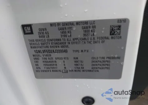 2010 Chevrolet Traverse Lt из США, поврежденный, VIN 1GNLVFED2AJ209949